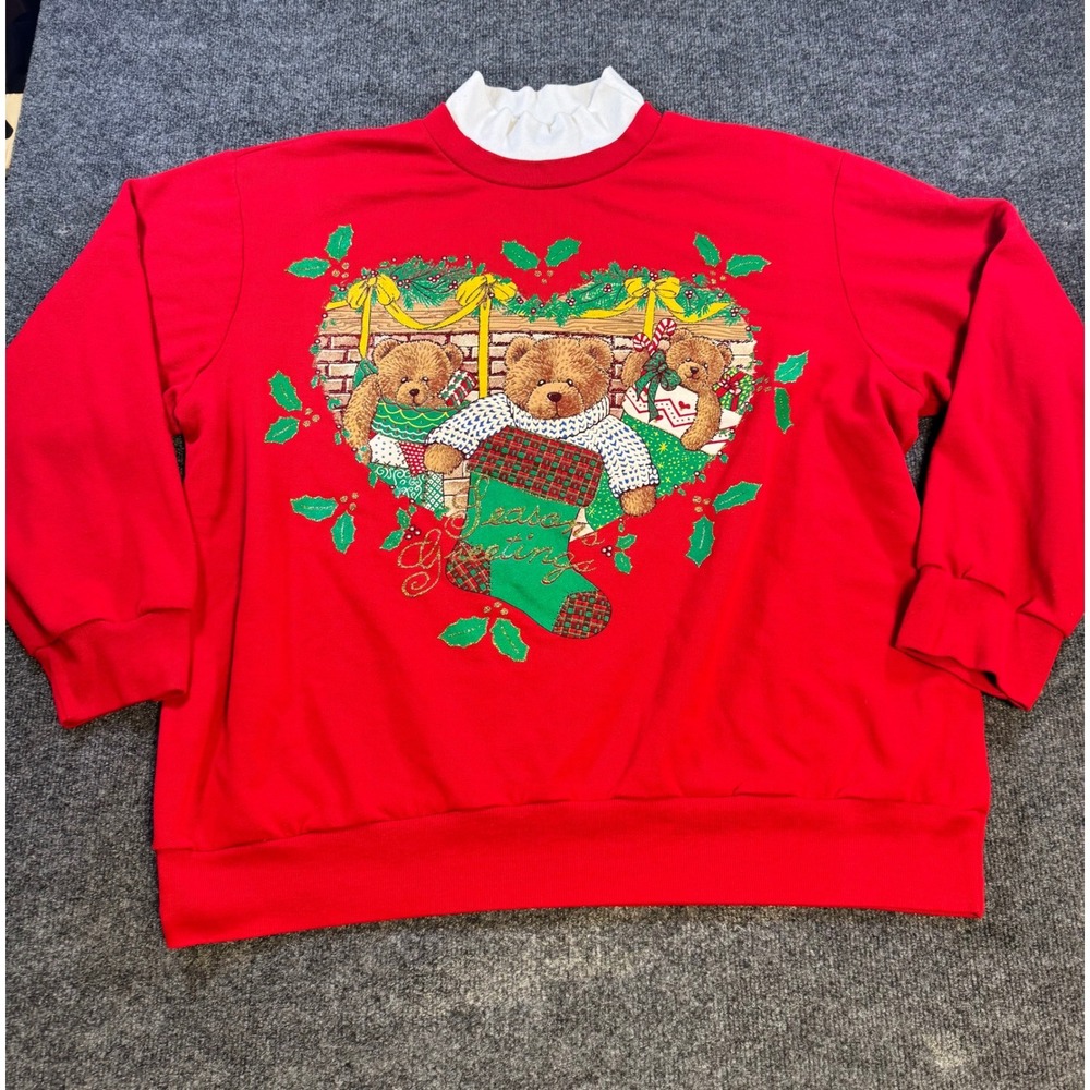 Vintage NutCracker Christmas Sweatshirt Red Teddy Bear Seasons Greetings 2X USA